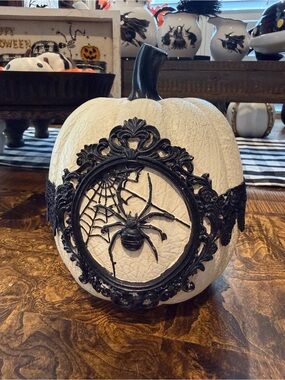 T.J.Maxx White Pumpkin with Black Filigree Spider Accent